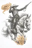 skeleton cowboy, skeleton horse, fire tattoo design idea