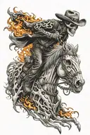 skeleton cowboy, skeleton horse, fire tattoo design idea