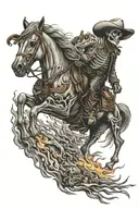 skeleton cowboy, skeleton horse, fire tattoo design idea
