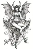 succubus, standing, heels, batwings, large breasted, laced clothing, attractive woman, large horns, seductive, togue out tattoo design idea