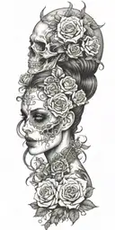 succubus, smoke, thorns, seductive, attractive woman, skulls, roses, horns tattoo design idea