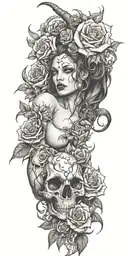 succubus, smoke, thorns, seductive, attractive woman, skulls, roses, horns tattoo design idea