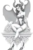 succubus, standing, heels, batwings, large breasted, laced clothing, attractive woman, large horns tattoo design idea