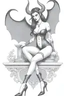 succubus, standing, heels, batwings, large breasted, laced clothing, attractive woman, large horns tattoo design idea