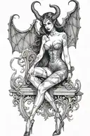 succubus, standing, heels, batwings, large breasted, laced clothing, attractive woman, large horns tattoo design idea