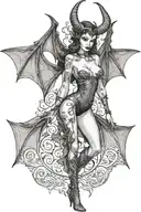 succubus, standing, heels, batwings, large breasted, laced clothing, attractive woman, large horns tattoo design idea