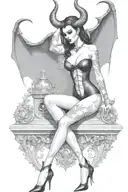succubus, standing, heels, batwings, large breasted, laced clothing, attractive woman, large horns tattoo design idea