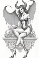 succubus, standing, heels, batwings, large breasted, laced clothing, attractive woman, large horns tattoo design idea