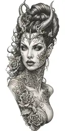 succubus, smoke, thorns, seductive, attractive woman, horns tattoo design idea