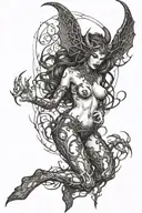 succubus, full body, seductive, large breasted, thorns tattoo design idea