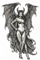 Succubus, seductive, large breasted, lingerie, bat wings, tattooed, full body, standing tattoo design idea