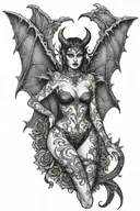 Succubus, seductive, large breasted, lingerie, bat wings, tattooed, full body, standing tattoo design idea