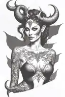 succubus, full body, silohuette, large horns on head, smiling, seductive, symetrical, thorns, large breasted, nude tattoo design idea