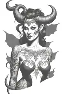 succubus, full body, silohuette, large horns on head, smiling, seductive, symetrical, thorns, large breasted, nude tattoo design idea