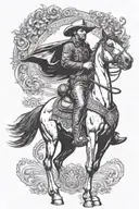 cowboy horseback, sideview, detailed, standing still, holding reigns tattoo design idea