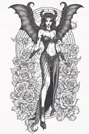 succubus, standing, heels, batwings, large breasted, laced clothing, attractive woman, large horns tattoo design idea