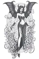 succubus, standing, heels, batwings, large breasted, laced clothing, attractive woman, large horns tattoo design idea