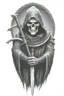 hooded Reaper, darkness,, scary, holding a scythe, blade tattoo design idea
