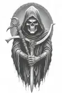 hooded Reaper, darkness,, scary, holding a scythe, blade tattoo design idea