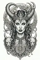 succubus, small head horns, attractive woman, seductive, large reasted, symetrical horns, full body tattoo design idea