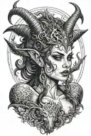 succubus, small head horns, attractive woman, seductive, large reasted, symetrical horns, full body tattoo design idea