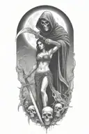 Grim Reaper and a woman, scythe tattoo design idea