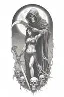Grim Reaper and a woman, scythe tattoo design idea
