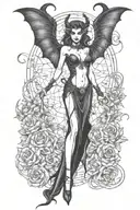 succubus, standing, heels, batwings, large breasted, laced clothing, attractive woman, large horns tattoo design idea