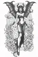 succubus, standing, heels, batwings, large breasted, laced clothing, attractive woman, large horns tattoo design idea