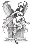 succubus, standing, heels, batwings, large breasted, laced clothing, attractive woman, large horns, seductive, togue out tattoo design idea