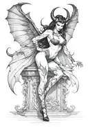 succubus, standing, heels, batwings, large breasted, laced clothing, attractive woman, large horns, seductive, togue out tattoo design idea