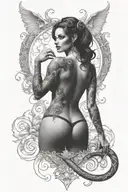 Succubus, seductive, large breasted, lingerie, tattooed, full body, standing tattoo design idea