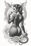 Succubus, seductive, large breasted, lingerie, tattooed, full body, standing tattoo design idea