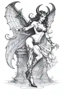 succubus, standing, heels, batwings, large breasted, laced clothing, attractive woman, large horns, seductive, togue out tattoo design idea