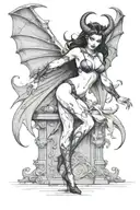 succubus, standing, heels, batwings, large breasted, laced clothing, attractive woman, large horns, seductive, togue out tattoo design idea