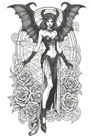 succubus, standing, heels, batwings, large breasted, laced clothing, attractive woman, large horns tattoo design idea