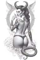 Succubus, seductive, large breasted, lingerie, tattooed, full body, standing, large horns tattoo design idea