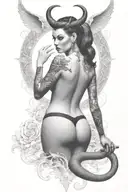 Succubus, seductive, large breasted, lingerie, tattooed, full body, standing, large horns tattoo design idea