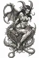 succubus, full body, tattooed, large breasted, attractive woman, large twisted horns, demoness, seductive, detailed tattoo design idea