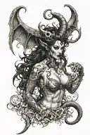 succubus, full body, tattooed, large breasted, attractive woman, large twisted horns, demoness, seductive, detailed tattoo design idea