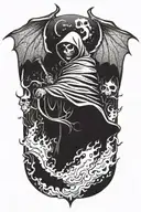 hooded reaper silohuette, smoke, fire, scary, bat wings tattoo design idea