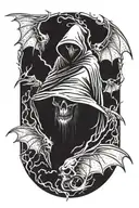 hooded reaper silohuette, smoke, fire, scary, bat wings tattoo design idea