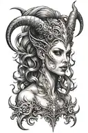 succubus, small head horns, attractive woman, seductive, large reasted, symetrical horns, full body tattoo design idea