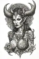 succubus, small head horns, attractive woman, seductive, large reasted, symetrical horns, full body tattoo design idea