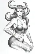 succubus, large breasted, attractive woman, horns tattoo design idea