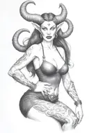 succubus, large breasted, attractive woman, horns tattoo design idea
