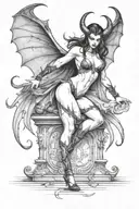 succubus, standing, heels, batwings, large breasted, laced clothing, attractive woman, large horns, seductive, togue out tattoo design idea