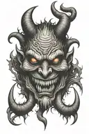 Demon face, evil, smiling tattoo design idea