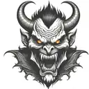 demon face, scary, disgusting scary evil smile, sharp teeth, angry, dark tattoo design idea