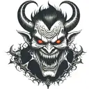 demon face, scary, disgusting scary evil smile, sharp teeth, angry, dark tattoo design idea